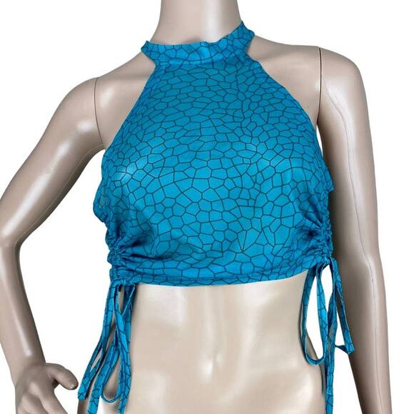 New Women's Blue Mesh  Mock Neck Sleeveless Ruched Animal Print Sheer Crop Top M - Picture 1 of 5